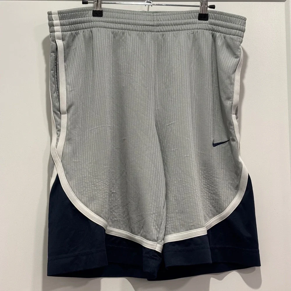 Nike Basketball Shorts Mens Medium Grey Navy Blue White Athletic Gym Swoosh